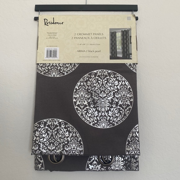 Residence - Printed Metallic Charcoal Gray Cotton Grommet Panel Curtains - Picture 3 of 5